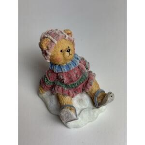 Vintage Fuzzy Flocked Teddy Bear Figurine Winter‎ snow Scarf Decor Collectible